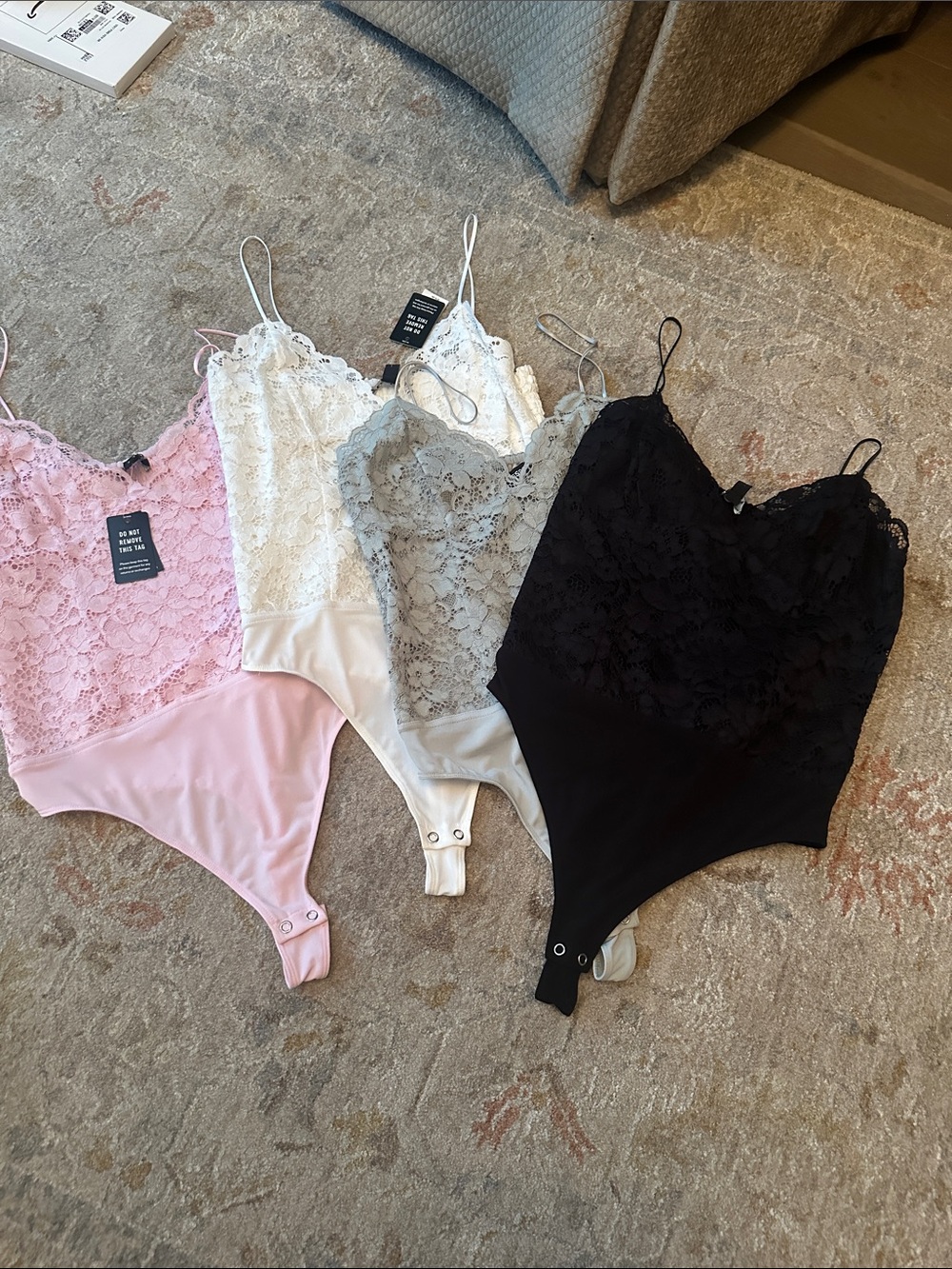 Express Lace Trim Spaghetti Strap Bodysuits - Pink, White, Gray, Black